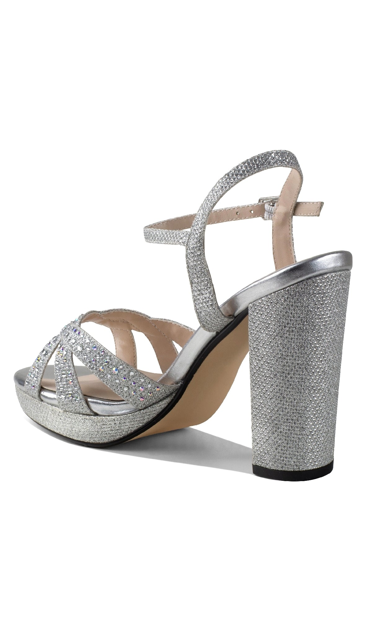 Ava Silver Prom Shoes: Touch Ups 4633—sparkly silver heels with an ankle strap, open toe, block heel, and dazzling glitter finish.